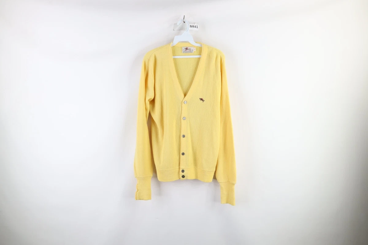 Vintage 70s Streetwear Mens Small Knit Kurt Cobain Cardigan Sweater Yellow USA