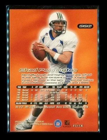 2000 FLEER SKYBOX ULTRA ROOKIE Football Card #226 CHAD PENNINGTON New York Jets - Image 2 of 2