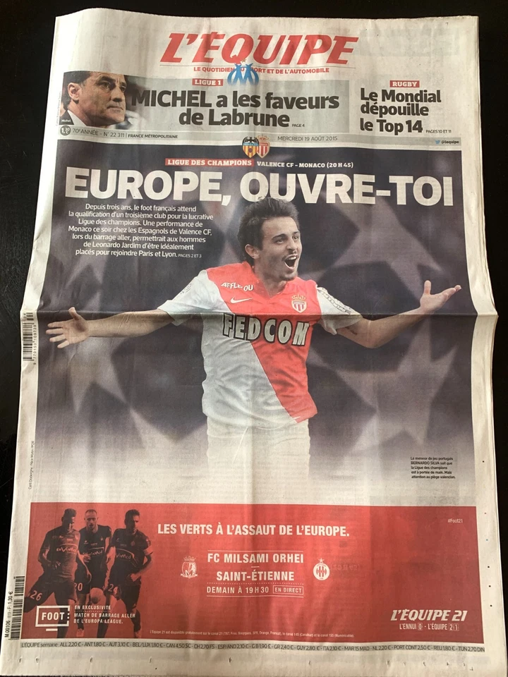 L'Equipe Journal 19/08/2015; Ligue des champions; Valence CF-Monaco/ Labrune - Photo 1/1