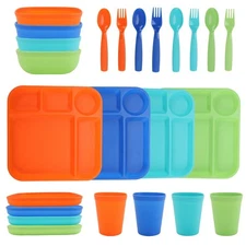 24Pcs Kids Square Dinnerware Set BPA Free Dishwasher Microwave Safe Fun Assorted