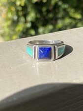 Sterling Silver Turquoise And Lapis Inlay Ring/Southwestern Navajo Style 5.7 gr