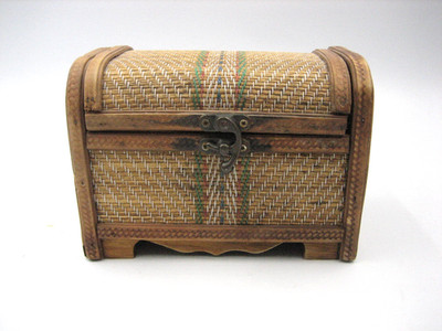 Vintage Carved Wood Woven Rattan Basket Chest with Hinged Lid Boho Style