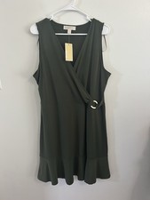 Michael Kors Womens XL Olive Green Wrap Dress Gold Accent V-neck $110 NWT