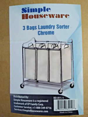Open Box - Heavy Duty, 3-Bag Laundry Sorter Cart w/ chrome bars & locking wheels