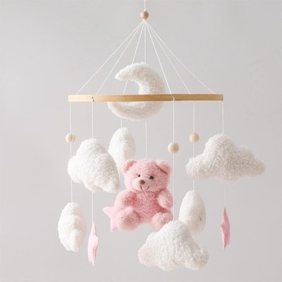 Pink Bear Baby Crib Mobile Teddy Velvet Nursery Decor Hanging Bassinet Gift Toy