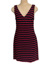 Banana Republic Dress Sz 10 Stripe Sleeveless V-Neck Stretch Rayon Navy Red NEW