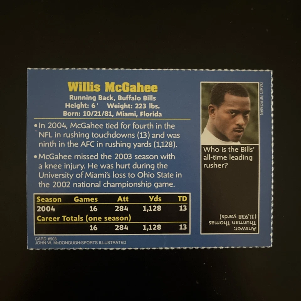 2005 Sports Illustrated For Kids Willis McGahee #503 - Image 2 of 2