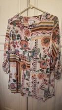  H By Halston Women's Linen Button Up Floral White Multicolor Blouse SZ 1X (H?