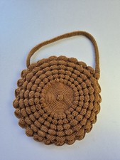 Crocheted Round Brown Purse Handle Circle Bohemian Handbag Vintage Fashion Women