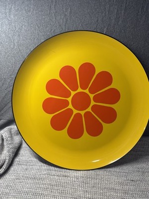 Vintage Metal Plate Yellow with Red Orange Flower 70s 13''