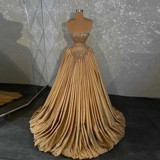 Strapless Gold Satin Ball Gown Heavy Beaded Rhinestone Formal Evening Prom Dress