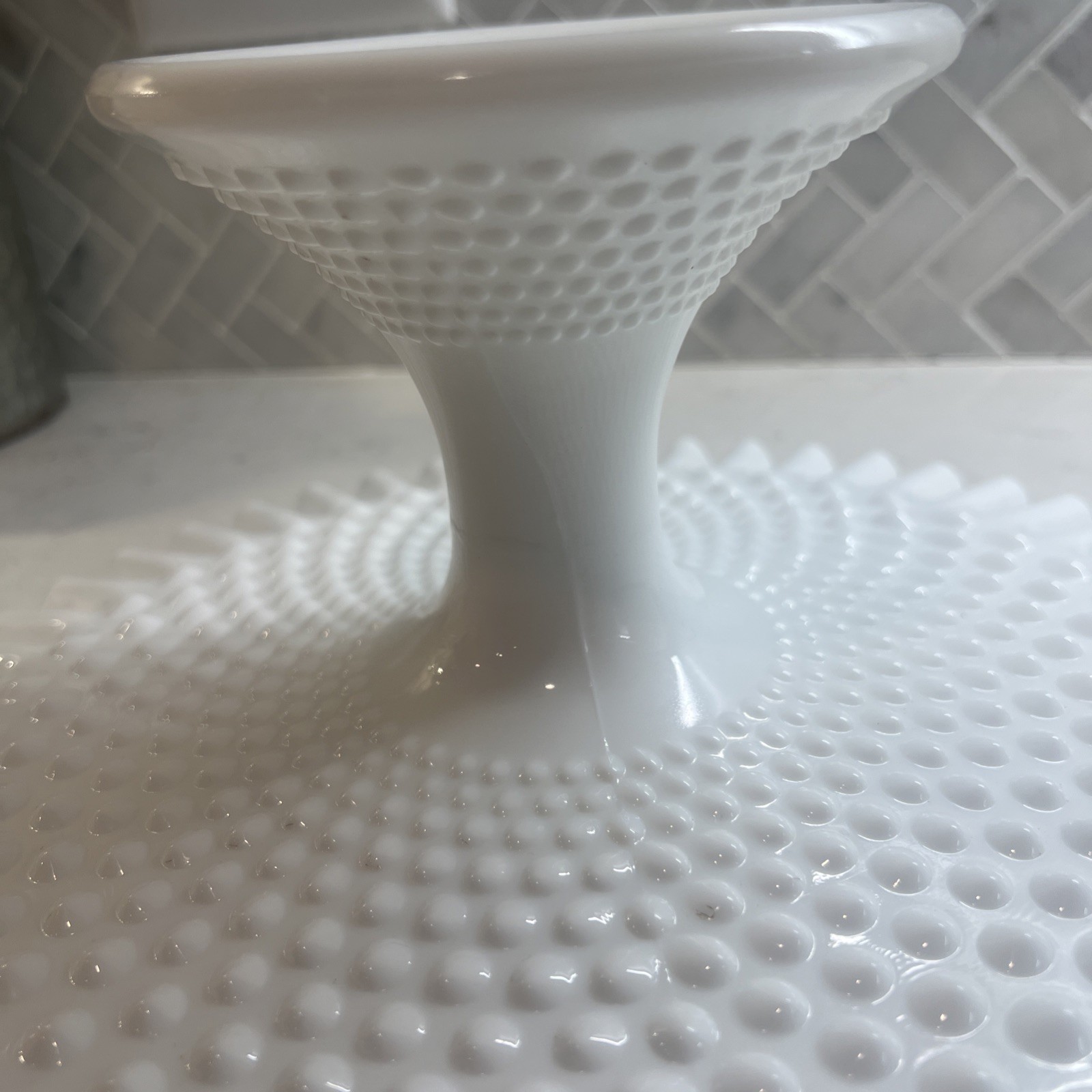 Fenton Milk Glass Hobnail Pedestal Cake Stand  Ruffled Edge 12.5”