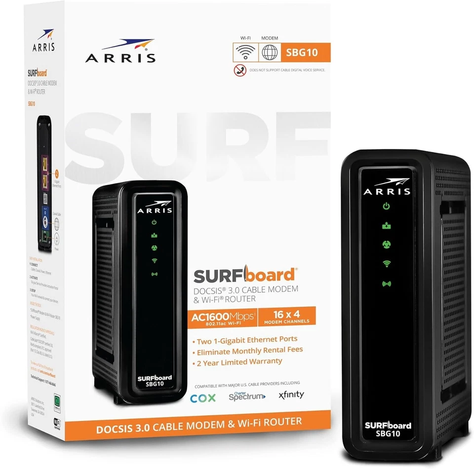 ARRIS SURFboard SBG10 DOCSIS 3.0 16x4 Gigabit Cable Modem & AC1600 Wi-Fi Router - Image 2 of 4
