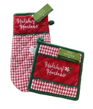 Kay Dee Designs/BB&B Christmas Red Herringbone Oven Mitt Pot Holder Set Retro