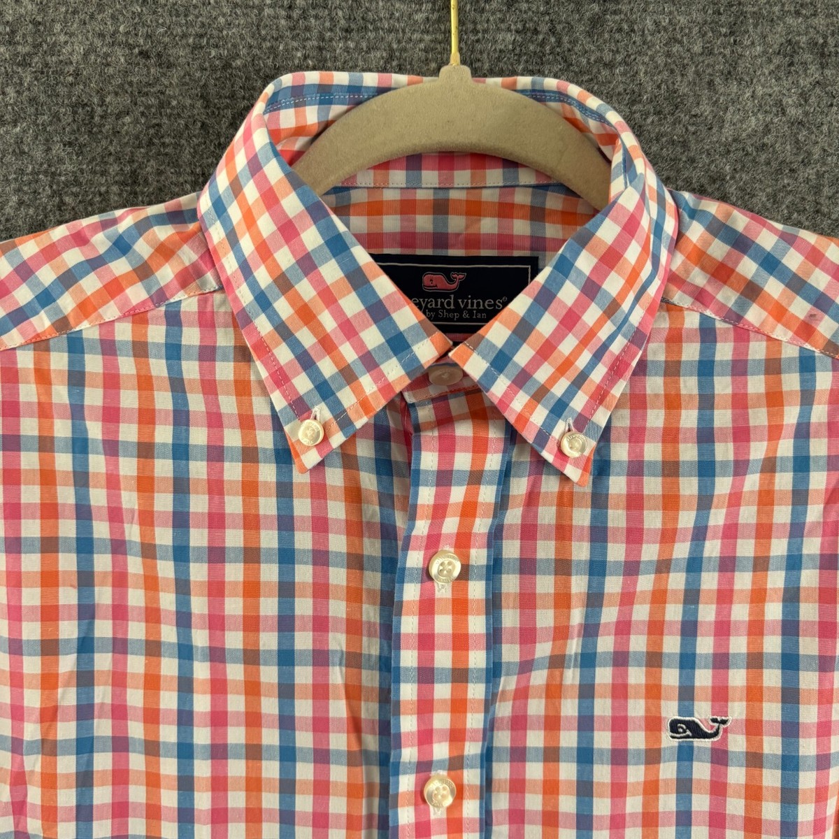 Vineyard Vines Shirt Men's XS Blue Pink Orange Check Slim Fit