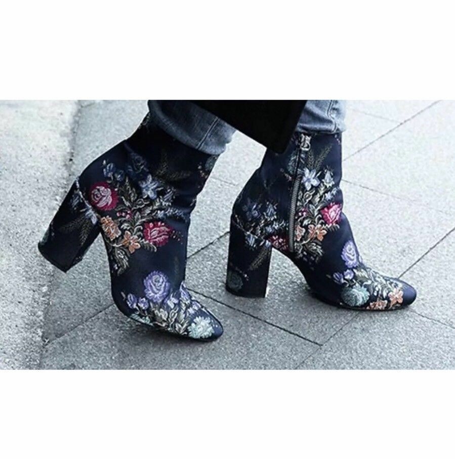 NEW Zara Jacquard Embroidered Ankle Boots Navy Blue Floral Heels Shoes 36 USA 6 image 6