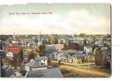 #ad Chippewa Falls Wisconsin WI Damaged Postcard 1907 1915 Birds Eye View $5.98