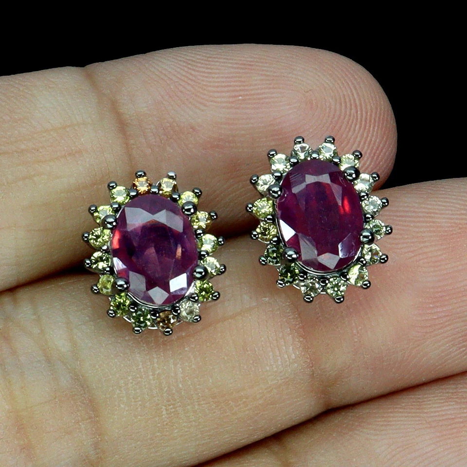 925 Sterling Silver Earrings Oval Ruby 8x6mm Sapphire Natural Gemstone Jewelry - Image 2 of 4