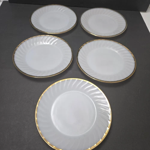 5 Vintage Fire King Dinner Plates Oven Ware White Swirl Milk Glass Gold Rim 9”