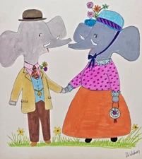 ELEPHANT COUPLE #2 Rosalind Welcher signed original art c1960s-70s Panda Prints