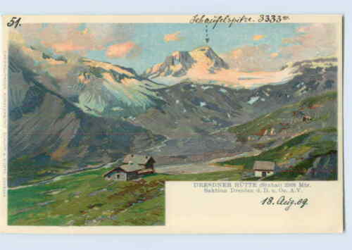L751 / Dresde cabaña Stubai cabaña de montaña litografía 1909 - Imagen 1 de 2