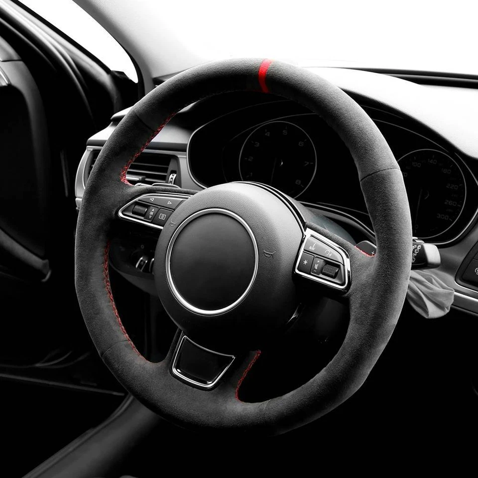Cubierta de volante de coche Alcántara cosida a mano hágalo usted mismo para AUDI Foto 3 de 4