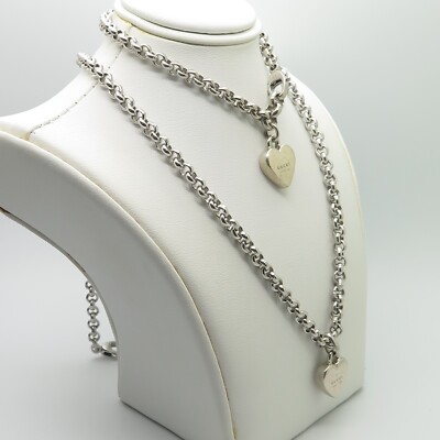 Gucci Sterling Silver Heart Charm Trademark Chain & Bracelet Set