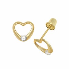 Baby Girl White Sapphire Heart Shape Stud Earrings Screw Back 14K Yellow Gold
