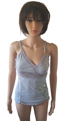 ICHI GRAUES TANK TOP SPITZENDETAIL TRÄGERSHIRT STRASSDETAIL GRÖSSE M NEU MIT ETIKETT UVP 17,99 £