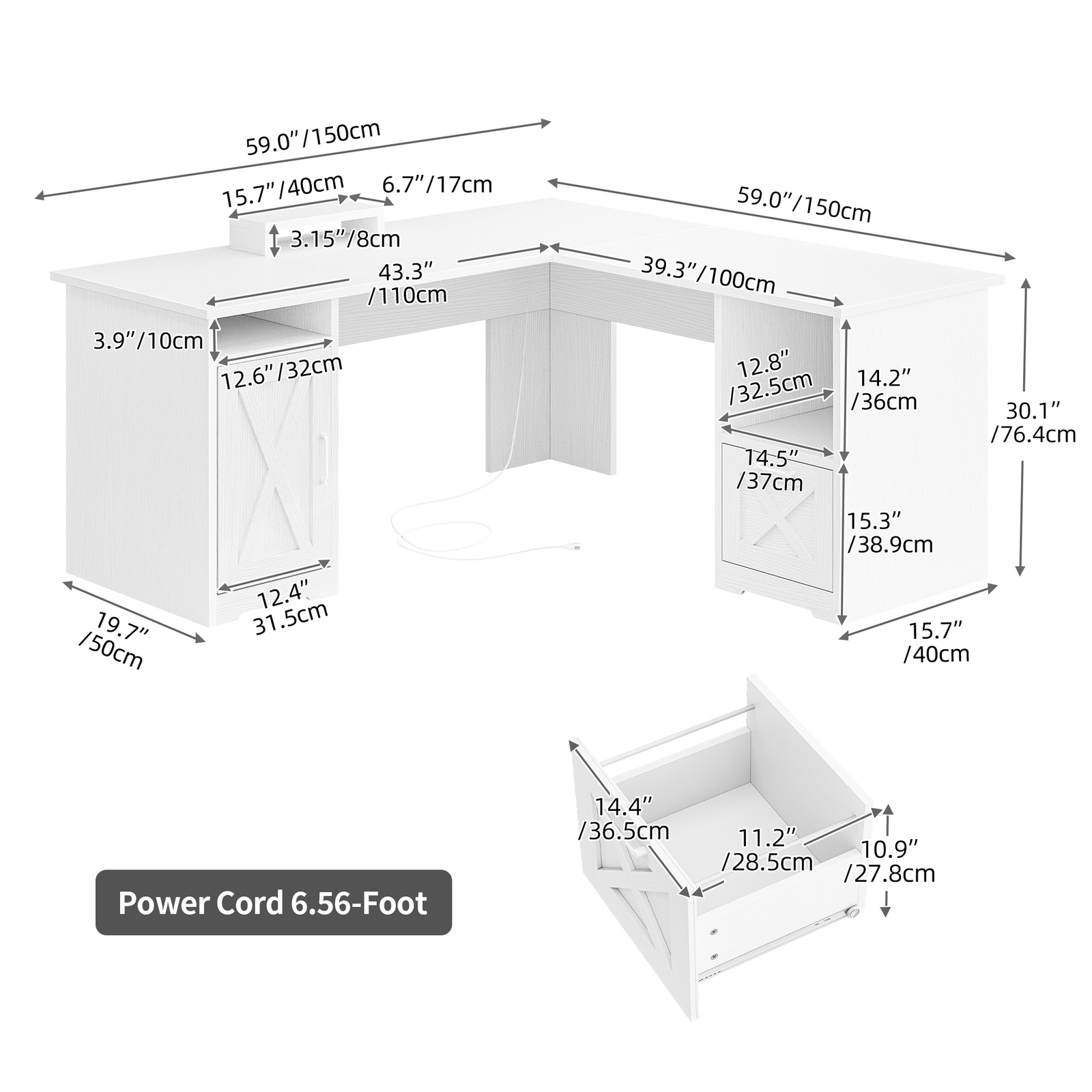 60 inch L-Shaped Executive Desk with File Cabinet Power Outlets  Computer Desk