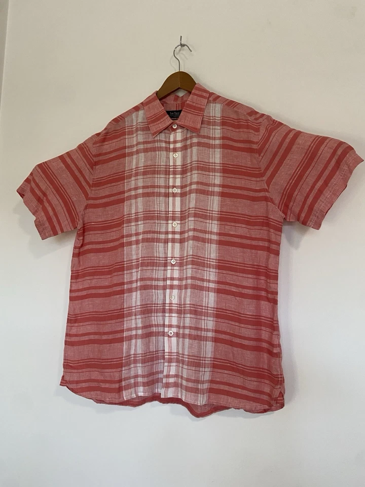 Camisa Para Hombre Nat Nast Luxory Original Calce Americano 100% Lino Salmón/Blanco-Talla XL Foto 2 de 4