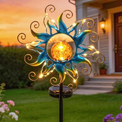 Solar Lights Outdoor Garden Decor, Blue Metal Sun Crackle Glass Globe Stake W...