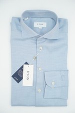 Men Eton Shirt Single Convertible Cuff Light Blue Slim Fit Size 40 15 3/4