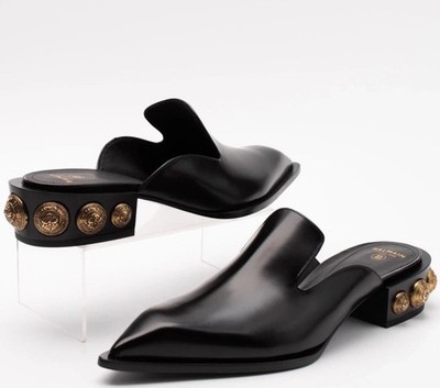 BALMAIN Leather Coin Mule Shoes US10 EU40 Black Flat Made in Italy