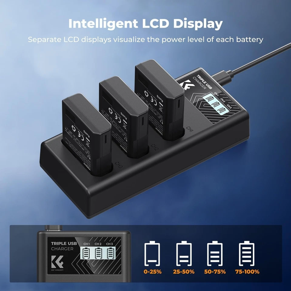 K&F Concept 3 pack EN-EL14 Batteries & Charger, Compatible with Nikon D5300 etc - Image 4 of 4