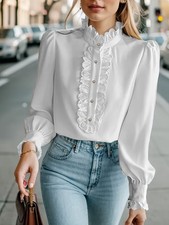 Fashionable Stand-up Collar Long-sleeved Shirt With Lotus Leaf Hem