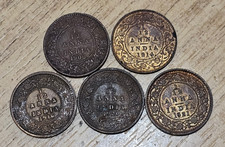 Five 1/12 Anna India Coins 1906 1914 1916 1920 1921