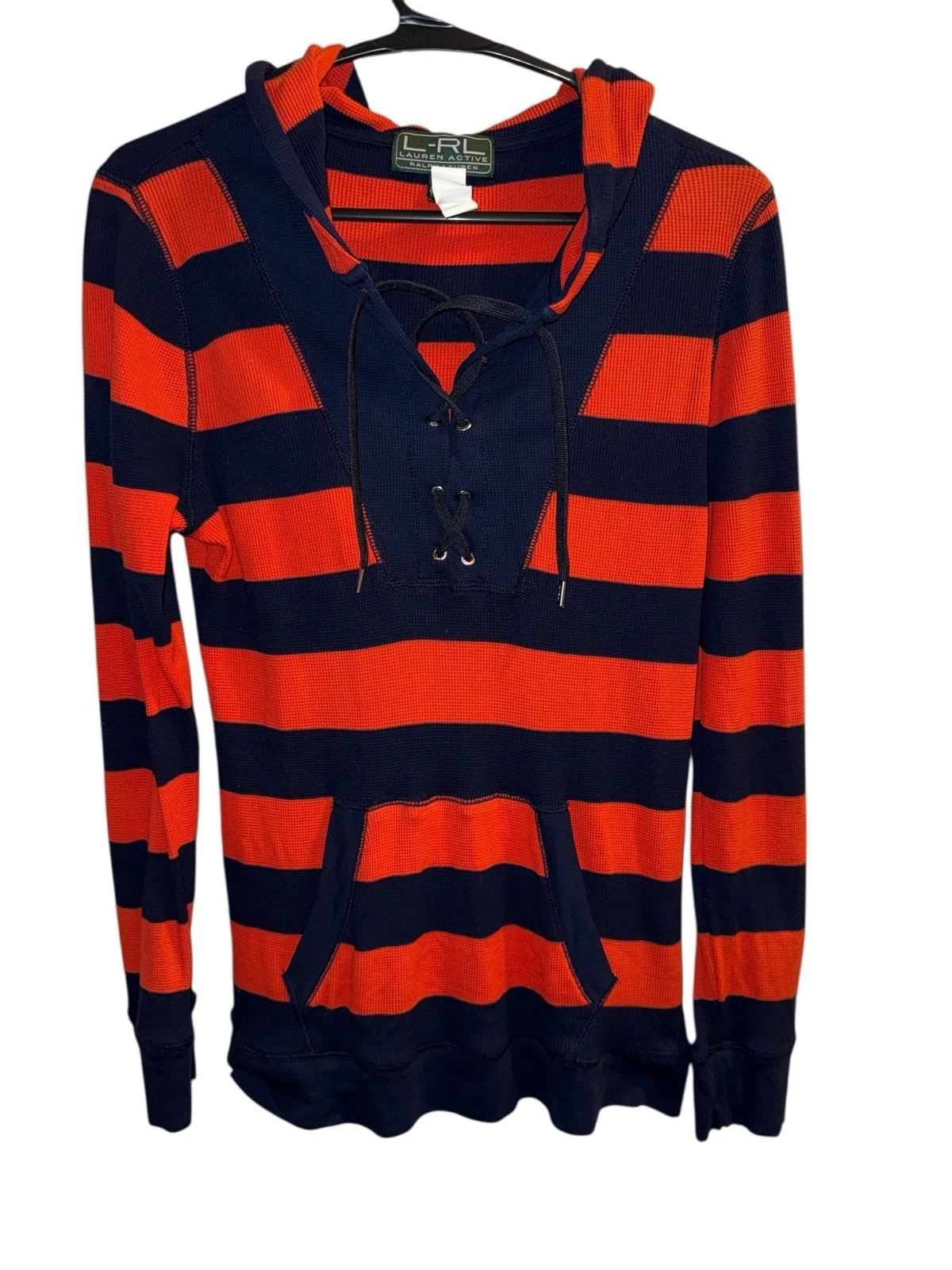 Ralph Lauren LRL Active Waffle Knit Thermal Hoodie L Orange Blue Rugby Striped