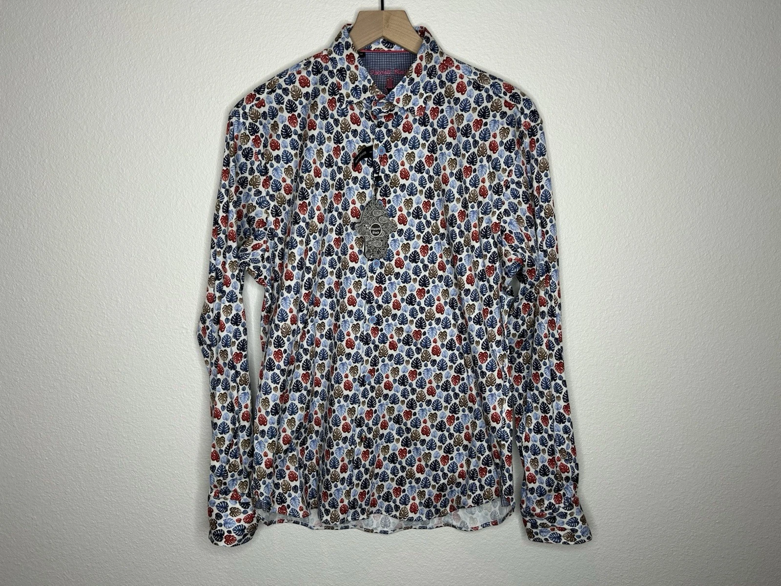 Visconti Black Mens White Leaves Print Button Down Shirt Size Medium NWT