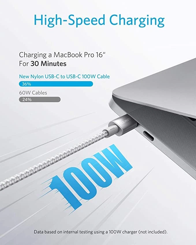 Anker New Nylon USB C to USB C Cable 100W Fast Charge 10ft A8758041 - Silver - Image 3 of 4