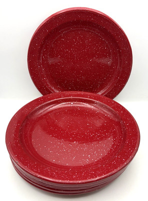 Pottery Barn Enamel Dinner Plates Speckled REd Set of 8 Out Of Production