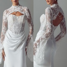 Lace Top Bolero Topper Jacket Bride Appliques Beading Wedding Dress Long Sleeves