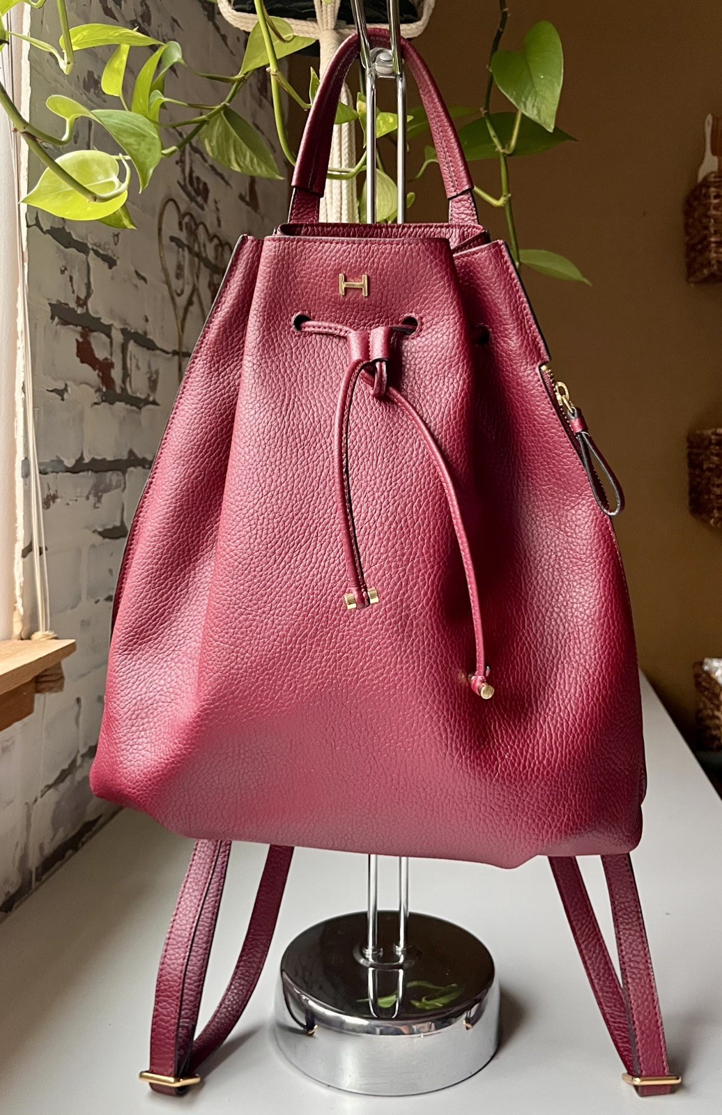 Halston Maroon Leather Drawstring Backpack with G… - image 1