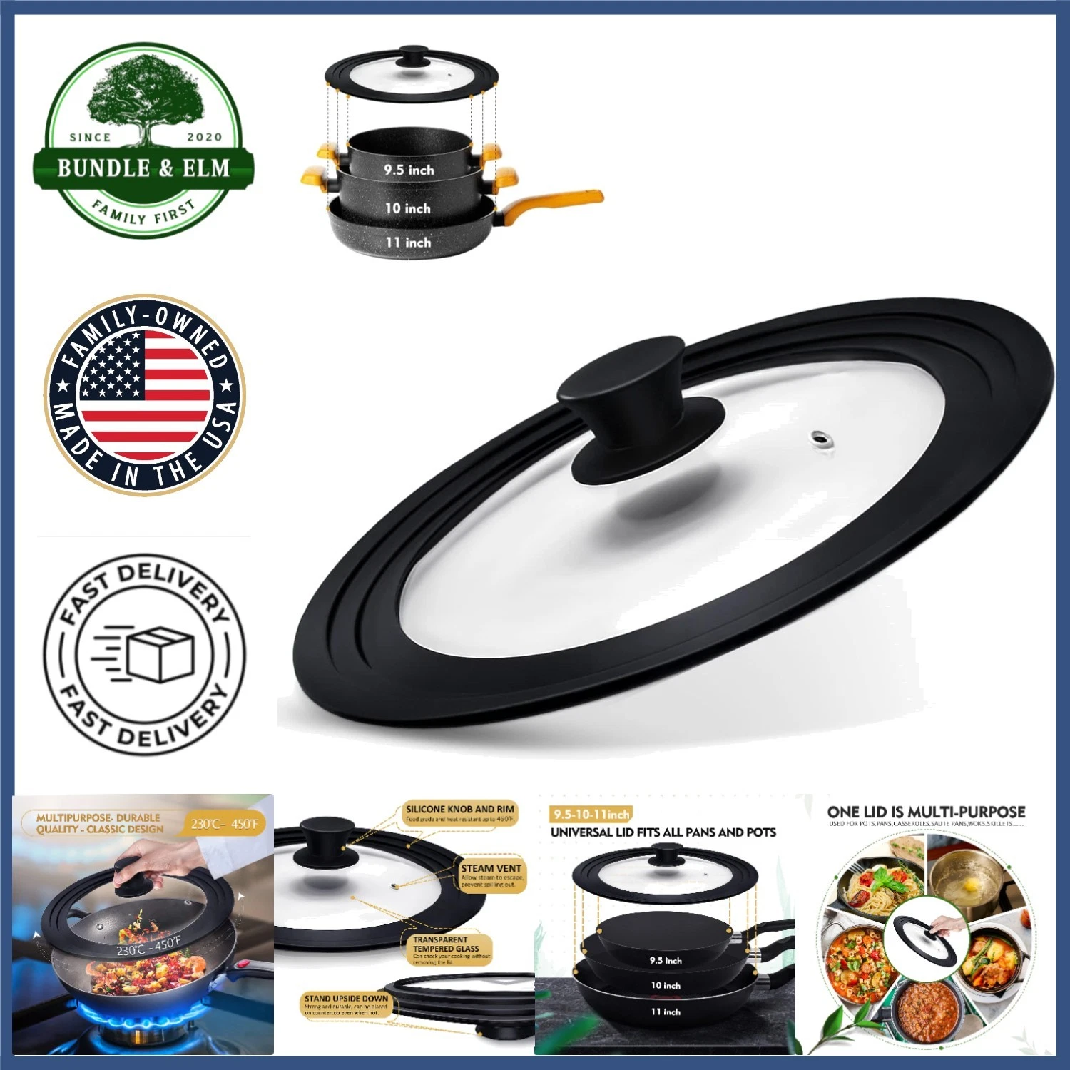 Round Universal Lid for Cookware, Heat Resistant Silicone and Glass Design