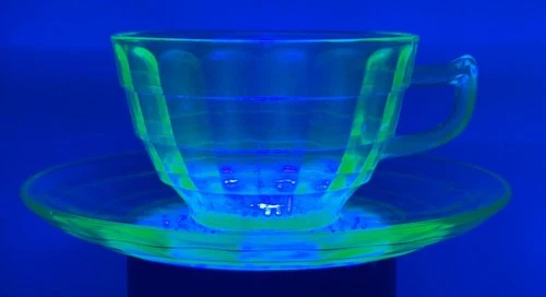 Uranium / Vaseline BLOCK OPTIC COFFEE CUP and SAUCER Green Depression Glass
