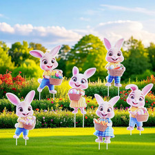 6 PCS Easter Bunny Decorations Outdoor Vintage Stakes Bunny Family and Egg Lawn