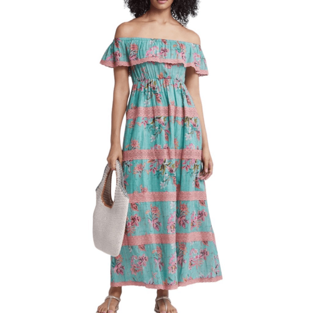 Barok Paris Floral Off The Shoulder Cotton Blend Maxi Dress In Seafoam Size S