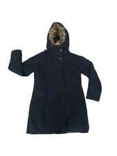 Womens M&s Winter Coat Cotton Navy Removable Faux Fur Lining Hooded Petite Uk 10