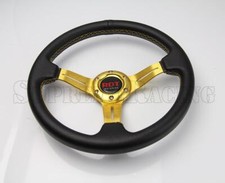Rdt 330mm 2.5 Deep Dish Pvc Leather Grip 3 Spoke Racing Steering Wheel Gold