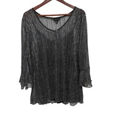 ADIVA Sheer Silver Metallic Bell Sleeve Blouse Top in Black - Size 1X